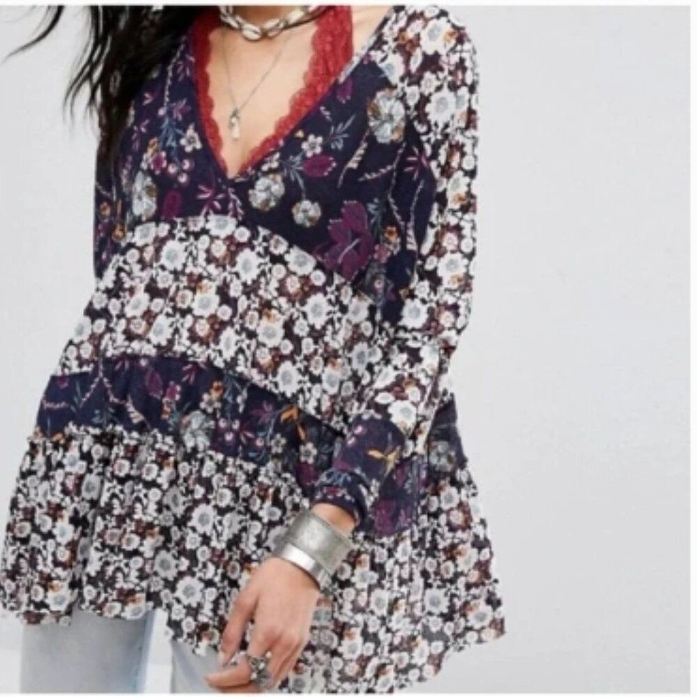 Free People Women's Isabella Floral Tunic Top Multicolor Sheer Blouse Size M